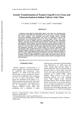 Genetic Transformation of Tomato Using Bt <I>Cry2a</I> Gene And