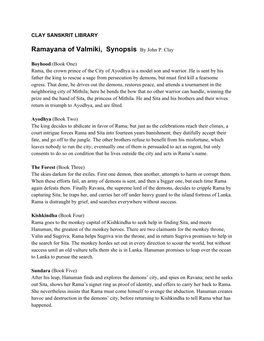 Ramayana of Valmiki, Synopsis by John P. Clay