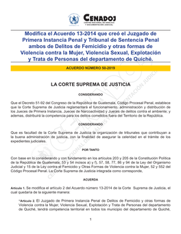 Modifica El Acuerdo 13-2014 Que Creó El Juzgado De Primera Instancia