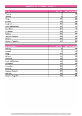 Preisliste Ab ZILLERTAL (Transfers)