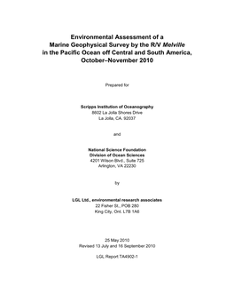 Environmental Assessment of a Marine Geophysical Survey by the R/V Melville in the Pacific Ocean Off Central and South America, October–November 2010