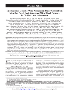 International Genome-Wide Association Study Consortium Identifies Novel Loci Associated with Blood Pressure in Children and Adolescents