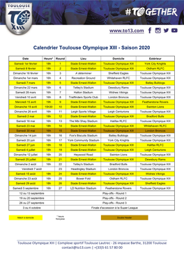 Calendrier Toulouse Olympique XIII - Saison 2020