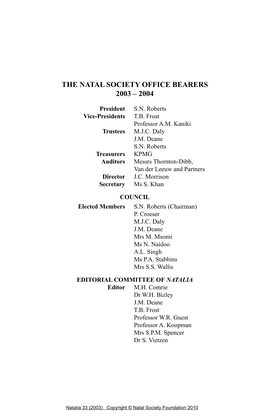 The Natal Society Office Bearers 2003 – 2004