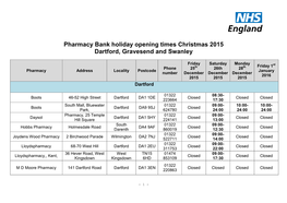 Pharmacy Bank Holiday Opening Times Christmas 2015 Dartford, Gravesend and Swanley