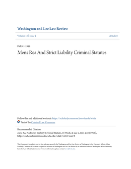 Mens Rea and Strict Liability Criminal Statutes