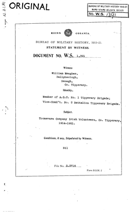 ROINN COSANTA. BUREAU of MILITARY HISTORY, 1913-21. STATEMENT by WITNESS. DOCUMENT NO. 1,391 W.S. Witness William Meagher, Bally