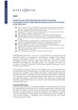 Stellantis Intensifies Electrification While Targeting Sustainable Double-Digit Adjusted Operating Income Margins In