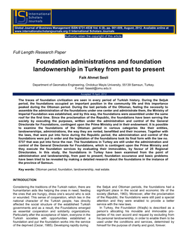 Foundation Administrations and Foundation Landownership in Turkey