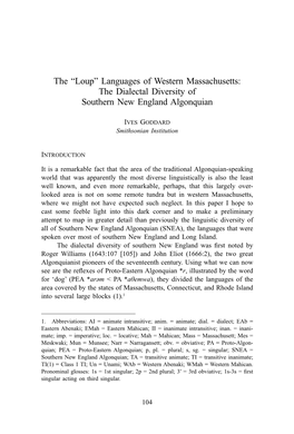 Loup” Languages of Western Massachusetts: the Dialectal Diversity of Southern New England Algonquian