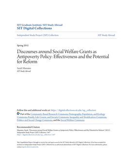 Discourses Around Social Welfare Grants As Antipoverty Policy: Effectiveness and the Potential for Reform Sarah Maniates SIT Study Abroad