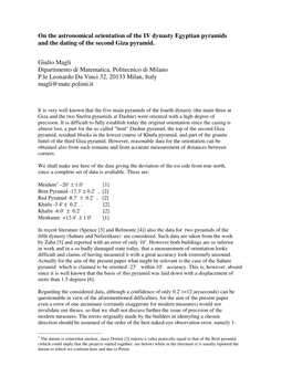 On the Astronomical Orientation of the IV Dynasty Egyptian Pyramids and the Dating of the Second Giza Pyramid