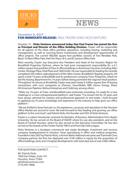 Hicks Ventures Press Release-Paul Frazier.Indd