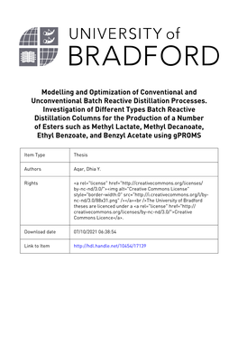 Modelling and Optimization of Conventional and Unconventional Batch Reactive Distillation Processes