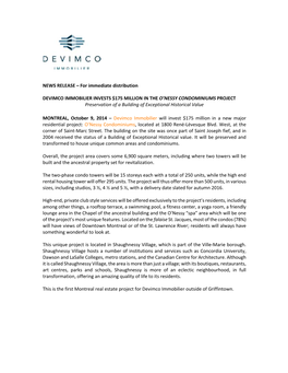 NEWS RELEASE – for Immediate Distribution DEVIMCO IMMOBILIER