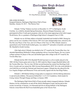 ORLANDO HUDSON Inaugural Inductee, Darlington High School Hall of Fame Saturday, January 22, 2011 - the Falcons Nest