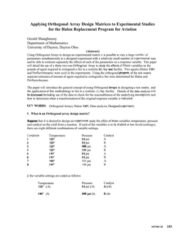 Applying Orthogonal Array Design Matrices to Experimental Studies for the Halon Replacement Program for Aviation