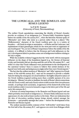 THE LUPERCALIA and the ROMULUS and REMUS LEGEND by P.M.W