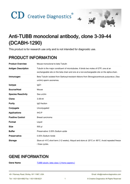 Anti-TUBB Monoclonal Antibody, Clone 3-39-44 (DCABH-1290) This Product Is for Research Use Only and Is Not Intended for Diagnostic Use