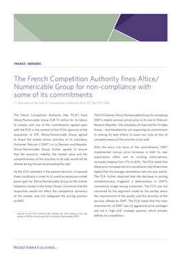 The French Competition Authority Fines Altice/ Numericable Group for Non-Compliance with Some of Its Commitments