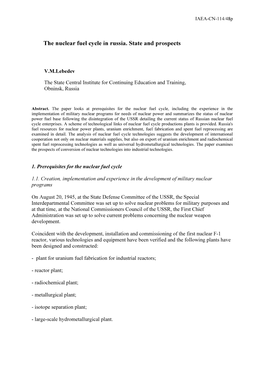 The Nuclear Fuel Cycle in Russia. State and Prospects