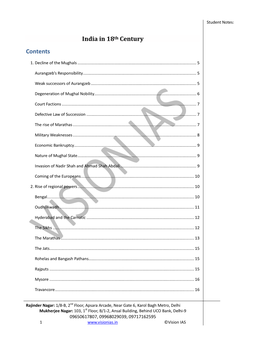 India in 18Th Century Contents