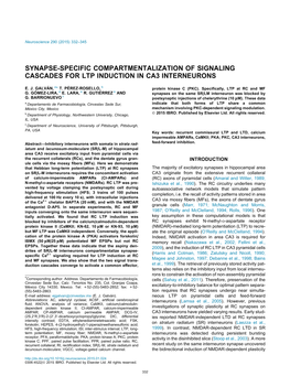 Synapse-Specific Compartmentalization of Signaling Cascades for Ltp Induction in Ca3 Interneurons