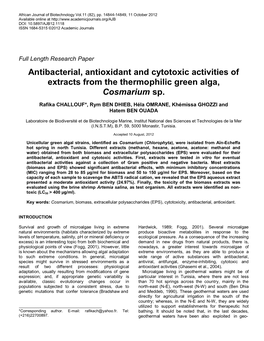 Antibacterial, Antioxidant and Cytotoxic Activities of Extracts from the Thermophilic Green Alga, Cosmarium Sp