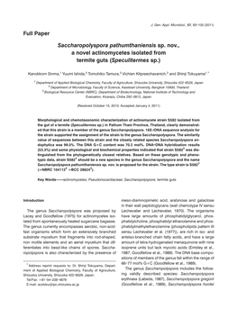 Saccharopolyspora Pathumthaniensis Sp. Nov., a Novel Actinomycetes Isolated from Termite Guts (Speculitermes Sp.)