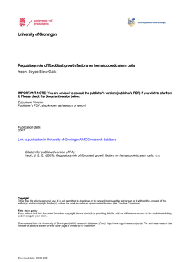 Regulatory Role of Fibroblast Growth Factors on Hematopoietic Stem Cells Yeoh, Joyce Siew Gaik