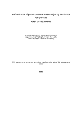 Biofortification of Potato (Solanum Tuberosum) Using Metal Oxide Nanoparticles Karen Elizabeth Davies