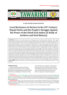 Local Resistance in Kerinci in the 20Th Century: Depati Parbo and The