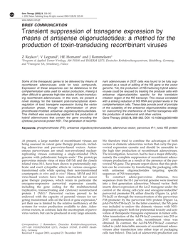 Transient Suppression of Transgene Expression by Means of Antisense Oligonucleotides: a Method for the Production of Toxin-Transducing Recombinant Viruses