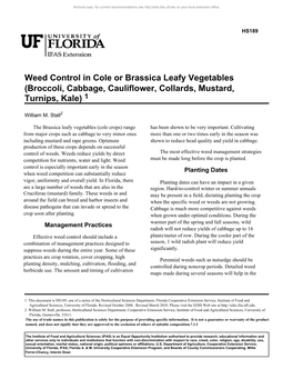 Weed Control in Cole Or Brassica Leafy Vegetables (Broccoli, Cabbage, Cauliflower, Collards, Mustard, Turnips, Kale) 1