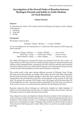 Investigation of the Overall Order of Reaction Between Hydrogen Peroxide and Iodide in Acidic Medium (A Clock Reaction)