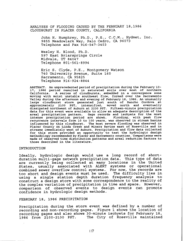 ANALYSES of FLOODING CAUSED by the FEBRUARY 18,1986 CLOUDBURST in PLACER COUNTY, CALIFORNIA John H. Humphrey, Ph.D., P.E., C.C.M., Hydmet, Inc