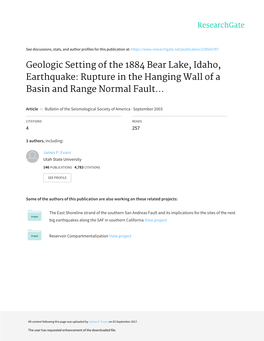 Geologic Setting of the 1884 Bear Lake, Idaho, Earthquake: Rupture in the Hanging Wall of a Basin and Range Normal Fault