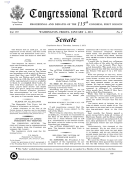 Congressional Record United States Th of America PROCEEDINGS and DEBATES of the 113 CONGRESS, FIRST SESSION