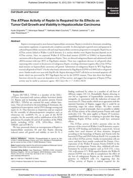 The Atpase Activity of Reptin Is Required for Its Effects on Tumor Cell Growth and Viability in Hepatocellular Carcinoma