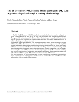 The 28 December 1908, Messina Straits Earthquake (MW 7.1): a Great Earthquake Through a Century of Seismology