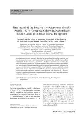 Copepoda:Calanoida:Diaptomidae) in Lake Lanao (Mindanao Island, Philippines)