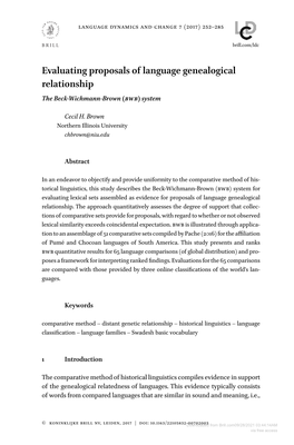 Evaluating Proposals of Language Genealogical Relationship the Beck-Wichmann-Brown (Bwb) System