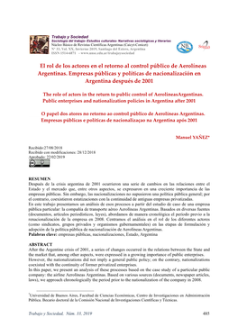El Rol De Los Actores En El Retorno Al Control Público De Aerolíneas Argentinas