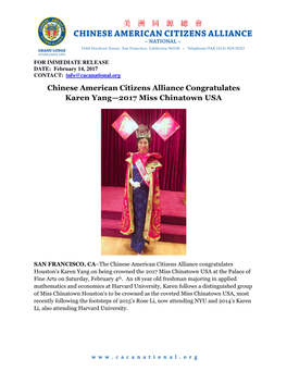 Chinese American Citizens Alliance Congratulates Karen Yang—2017 Miss Chinatown USA