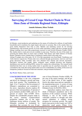 Surveying of Cereal Crops Market Chain in West Shoa Zone of Oromia Regional State, Ethiopia
