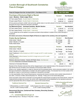 London Borough of Southwark Cemeteries Fees & Charges