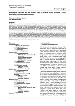 Ecological Studies of the Flame Shell ( Limaria Hians (Gmelin 1791)) Focusing on Habitat Restoration