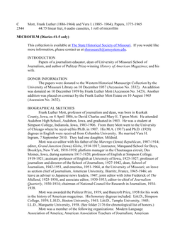 Mott, Frank Luther (1886-1964) and Vera I. (1885- 1964), Papers, 1775-1965 (C2344)