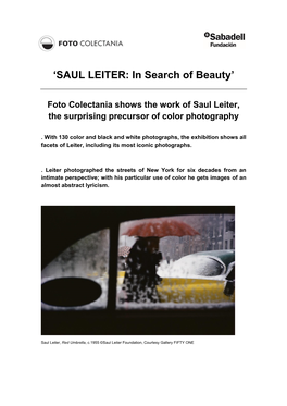 'SAUL LEITER: in Search of Beauty' from June 29 to October 21, 2018
