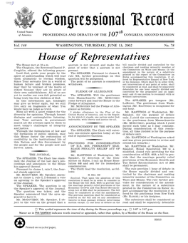 Congressional Record United States Th of America PROCEEDINGS and DEBATES of the 107 CONGRESS, SECOND SESSION